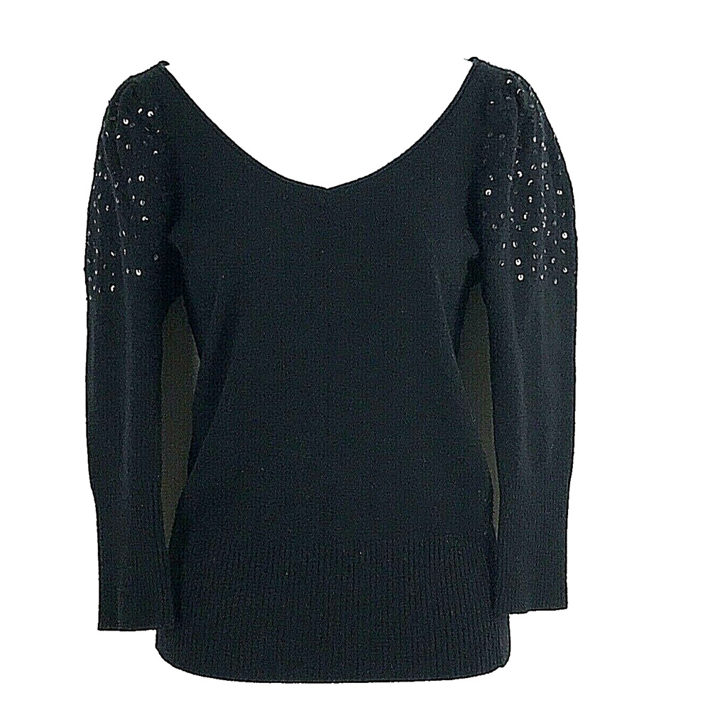 BEBE Sweater M Lambs Wool Cashmere Black Long Sleeve Embellished Ruffle Shoulder